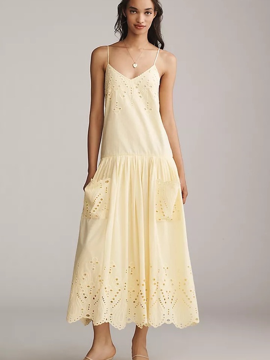 HUNTER BELL Dresses & Skirts - Hunter Bell Martin Eyelet Drop-Waist Yellow Embroidered Sundress Small